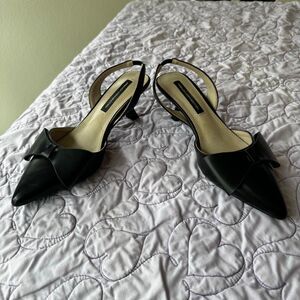 French Connection Black Pointed Toe Slingback Kitten Heel – Bow Detail | Elastic